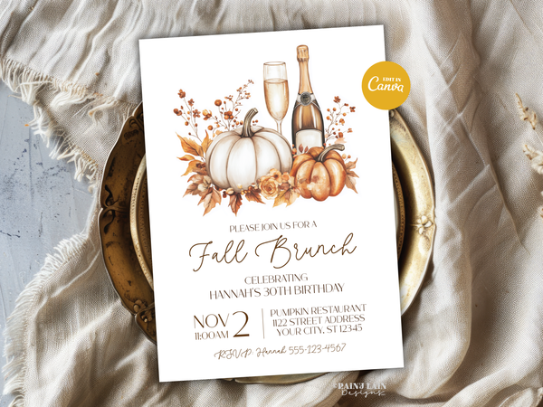 Fall Brunch Invitation Template, Autumn Brunch Invite, Birthday Bridal Shower Engagement Morning After Wedding Rehearsal, Pumpkins Champagne