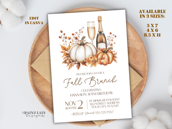 Fall Brunch Invitation Template, Autumn Brunch Invite, Birthday Bridal Shower Engagement Morning After Wedding Rehearsal, Pumpkins Champagne