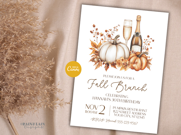 Fall Brunch Invitation Template, Autumn Brunch Invite, Birthday Bridal Shower Engagement Morning After Wedding Rehearsal, Pumpkins Champagne