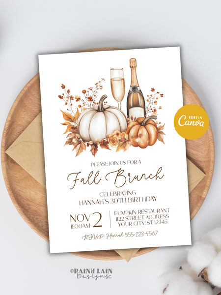 Fall Brunch Invitation Template, Autumn Brunch Invite, Birthday Bridal Shower Engagement Morning After Wedding Rehearsal, Pumpkins Champagne