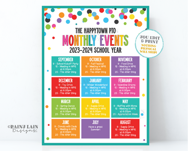 Editable PTO PTA Monthly Events Template Printable School Calendar, Parent Volunteer Newsletter Seasonal Flyer Customizable Digital Download