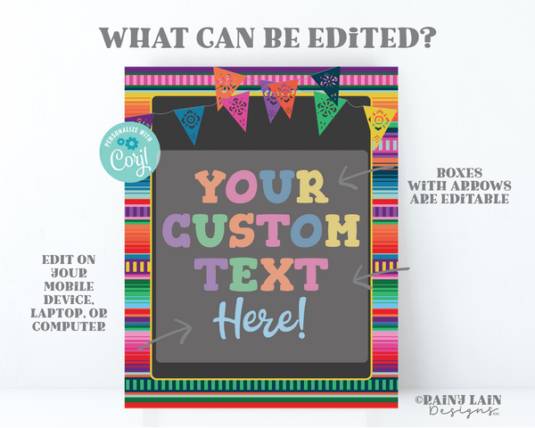 Fiesta Sign Editable Serape Welcome Ideas Custom Decoration Printable Banner Birthday Shower Graduation Fiesta Theme Poster Chalk Black