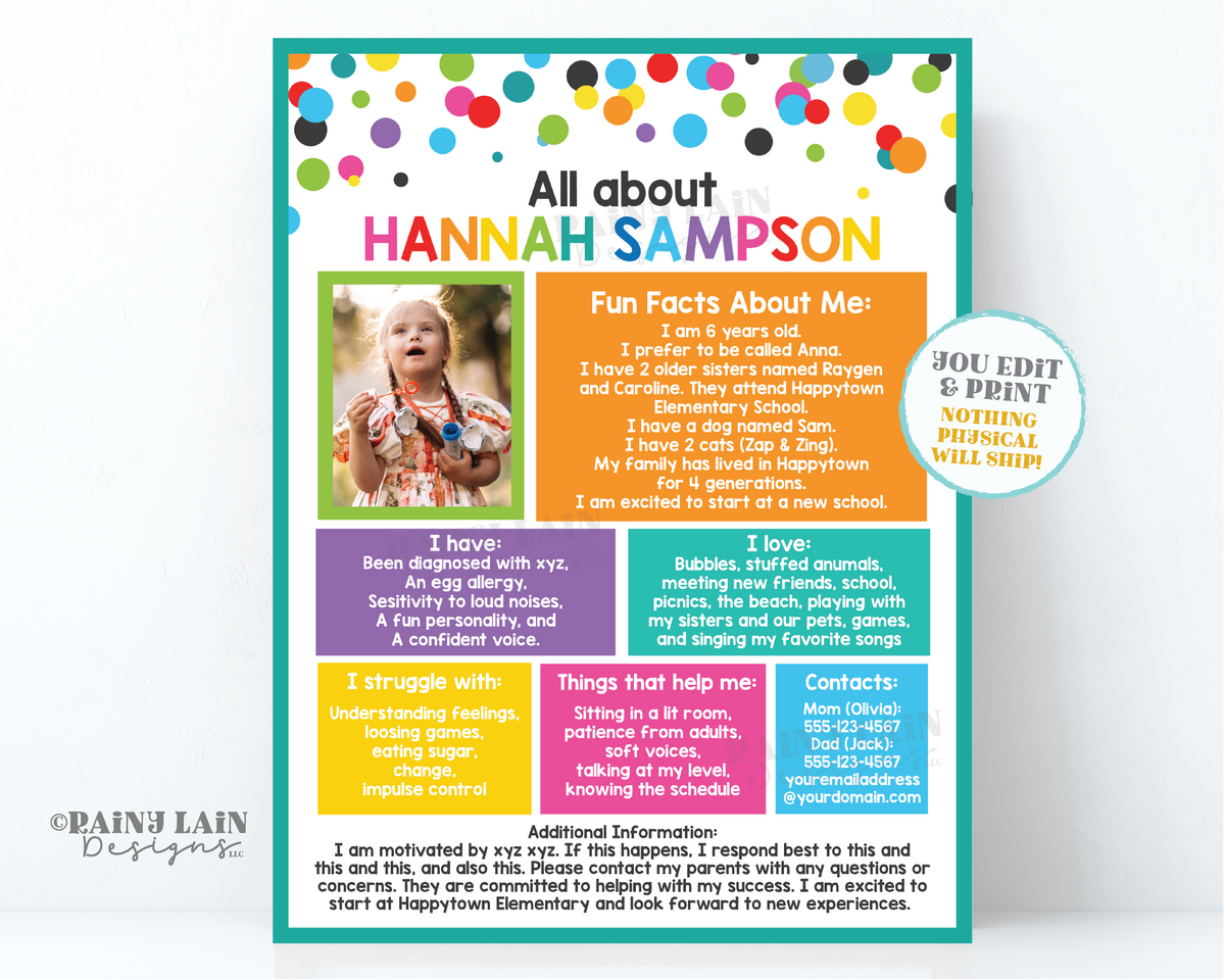 Editable All About Me Child Info Template, Back to School Special Need ...