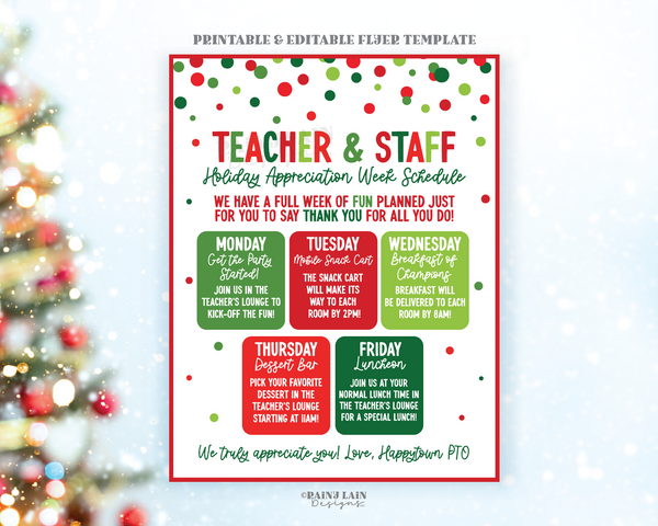 Editable Holiday Teacher Appreciation Week Schedule, Christmas Flyer Itinerary, Luncheon Invitation Invite Calendar School, Office, Hospital