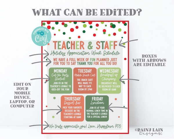 Editable Holiday Teacher Appreciation Week Schedule, Christmas Flyer Itinerary, Luncheon Invitation Invite Calendar School, Office, Hospital