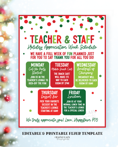Editable Holiday Teacher Appreciation Week Schedule, Christmas Flyer Itinerary, Luncheon Invitation Invite Calendar School, Office, Hospital