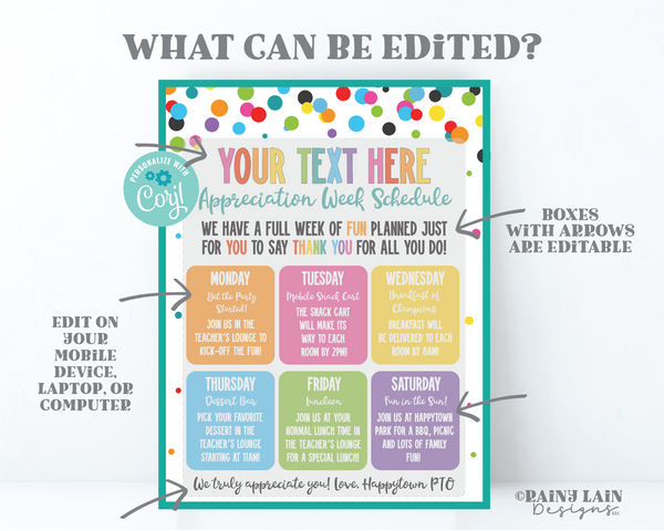Editable Appreciation Week Schedule Flyer Itinerary Luncheon Invitation Invite Week of fun Thank you for all you do Volunteer Staff Teacher
