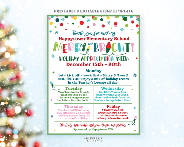 Editable Holiday Appreciation Week Itinerary, Christmas Flyer Schedule, Teacher School, Office, Hospital Luncheon Invitation Invite Calendar