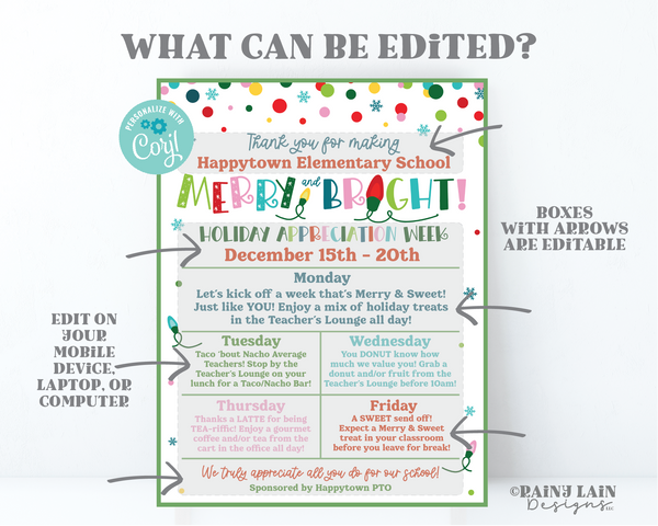 Editable Holiday Appreciation Week Itinerary, Christmas Flyer Schedule, Teacher School, Office, Hospital Luncheon Invitation Invite Calendar