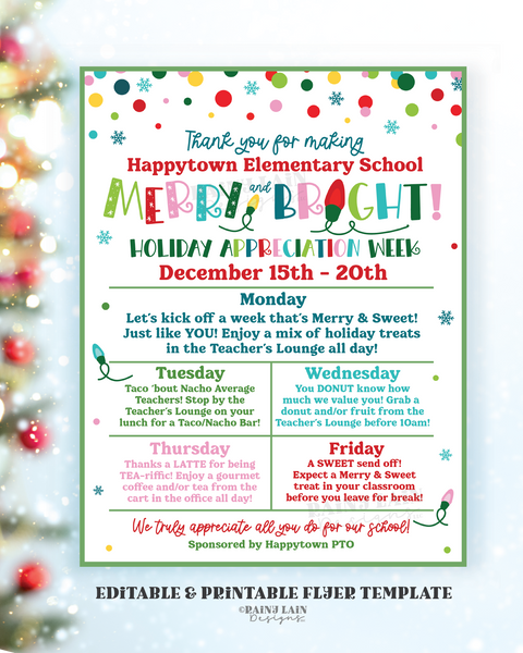 Editable Holiday Appreciation Week Itinerary, Christmas Flyer Schedule, Teacher School, Office, Hospital Luncheon Invitation Invite Calendar