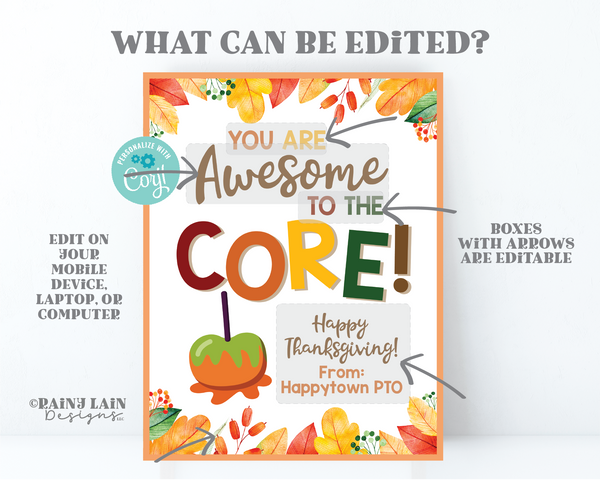 Awesome to the Core Thanksgiving Sign Caramel Apple Fall Gift Appreciation Candy Apple Teacher Staff Employee School PTO PTA