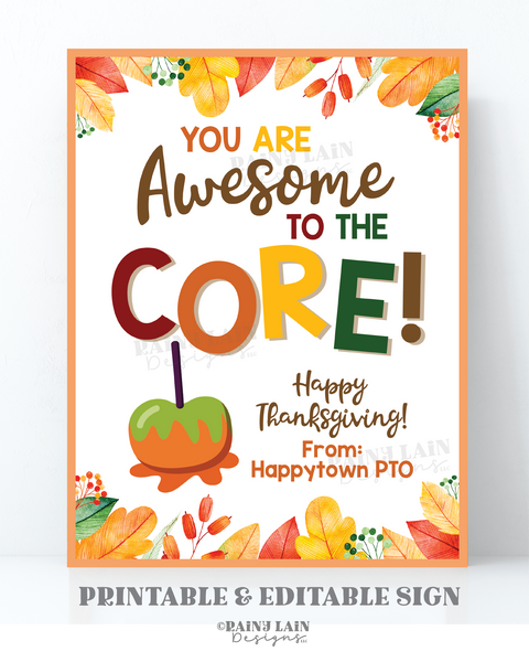 Awesome to the Core Thanksgiving Sign Caramel Apple Fall Gift Appreciation Candy Apple Teacher Staff Employee School PTO PTA