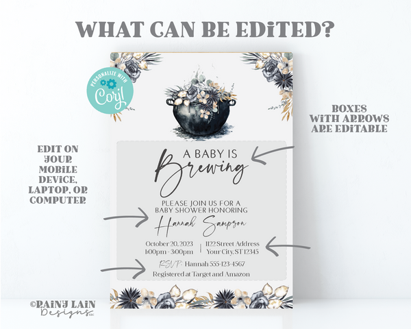 Editable A Baby is Brewing Invitation Template, Halloween Baby Shower Printable Spooky Gender Reveal, Witchy, October, Gothic