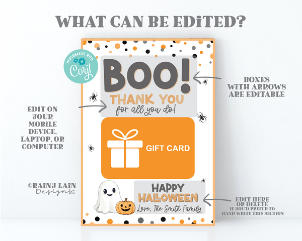 Editable Halloween Gift Card Holder Printable Teacher Appreciation Gift, Fall Harvest GiftCard Holder, Treat, PTO PTA, Instant Download
