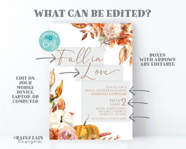 Fall Bridal Shower Invitation Template, Editable Pumpkin Fall In Love invite, Digital Download, Printable Autumn Floral Brunch, Fall in Love