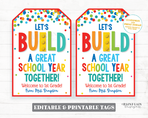 Build A Great School Year Tag Editable Building Blocks Gift Bricks Printable Student From Teacher Classmate Preschool Classroom