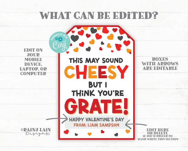 Cheesy Valentine Tag, Cheese Crackers Valentine's Day Exchange, Classroom Valentine School, Tween Valentine Preschool Valentine, You're Grate