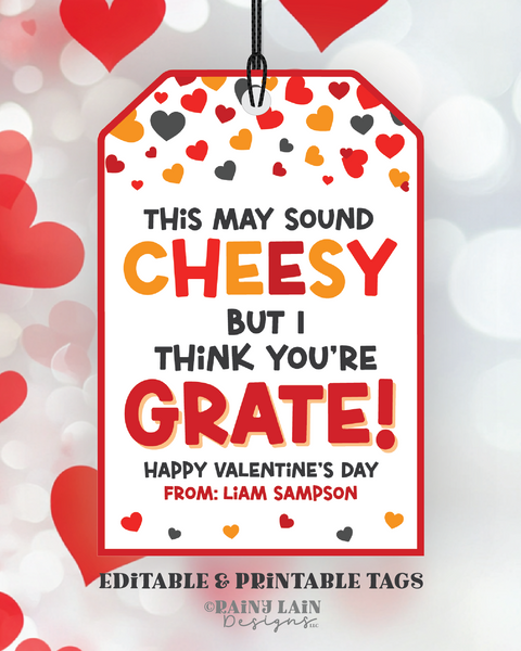 Cheesy Valentine Tag, Cheese Crackers Valentine's Day Exchange, Classroom Valentine School, Tween Valentine Preschool Valentine, You're Grate