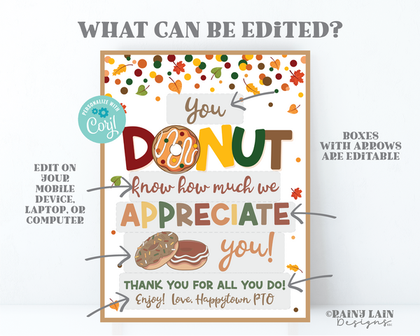 Donut Know How Much We Appreciate You Sign, Autumn, Fall, Halloween Thank you Appreciation Teacher Staff Employee School PTO Lounge, Leaves