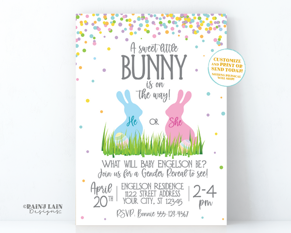 Editable Bunny Gender Reveal Invite, Easter Invitation, Sweet little bunny on the way, He or She what will our little bunny be, Egg Hunt