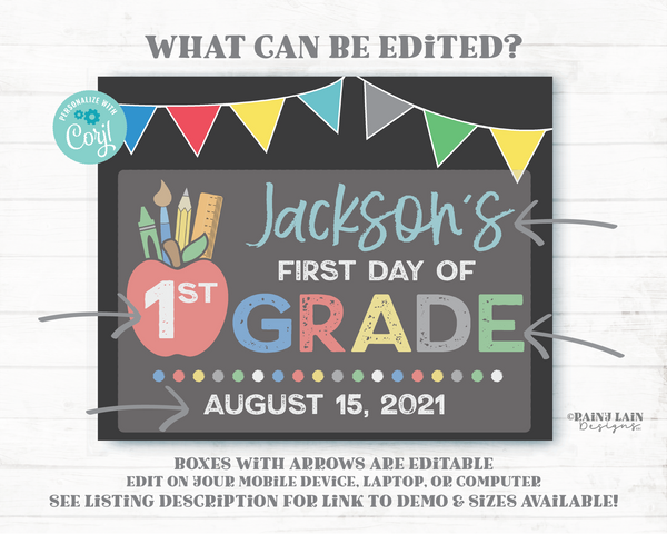 Editable 1st Grade Sign Template First and Last Day of School Back to School Any Grade Photo Prop Kindergarten Preschool Pre-K TK 2nd 3rd