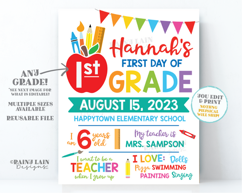 Editable Back to School Sign Template White Background First day 1st Grade Preschool Kindergarten 2nd 3rd 4th 5th ANY grade Apple Pencil