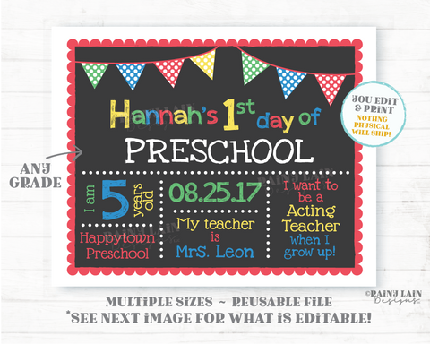 First day of school sign Editable Template 1st day of Preschool Chalkboard Back to School Printable Primary Colors Red Blue Polkadot Bunting