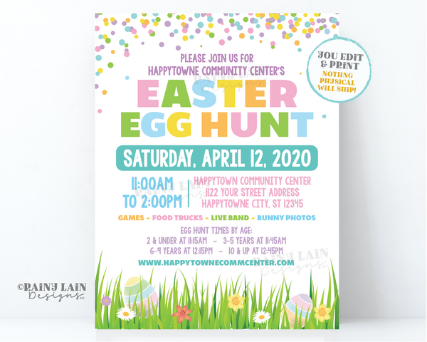 Editable Easter Egg Hunt Flyer, Outdoor Egg Hunt Invitation, Printable Community Flier, Invite, Grass, Spring, Digital Download, Church