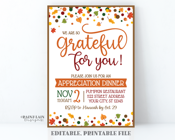 Editable Fall Appreciation Invitation Template, Printable Grateful For You Invite, Teacher, Staff, Client, Employee, Thank You, Give Thanks