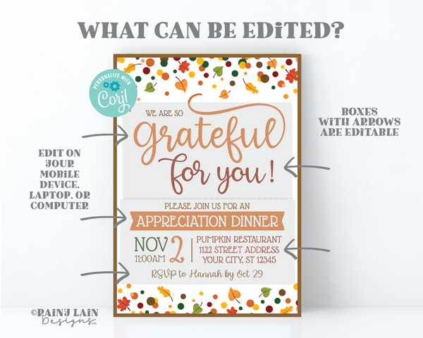 Editable Fall Appreciation Invitation Template, Printable Grateful For You Invite, Teacher, Staff, Client, Employee, Thank You, Give Thanks
