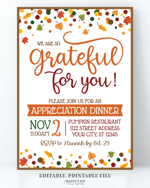 Editable Fall Appreciation Invitation Template, Printable Grateful For You Invite, Teacher, Staff, Client, Employee, Thank You, Give Thanks