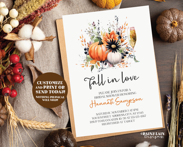 Fall in Love Bridal Shower Invitation Template, Printable Fall Pumpkin Brunch Invite, Autumn, Halloween, Digital Download, Corjl