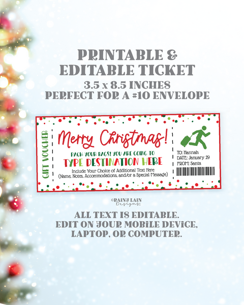 Christmas Trip Ticket Template, Editable Holiday Gift Printable Boarding Pass Travel Voucher Vacation Airplane New York, Las Vegas Hawaii LA