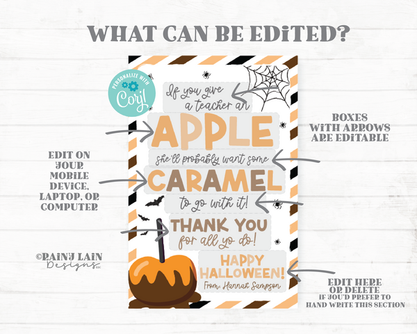 Editable Halloween Caramel Apple Tag, If you give a teacher an apple, caramel to go with it, School Appreciation PTO PTA, Fall Gift Ideas
