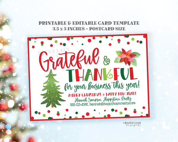Editable Christmas Small Business Postcard Template, Holiday Mailer, Client Appreciation, Customer, Thank you for your business card