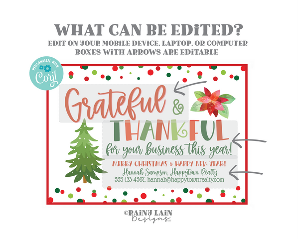 Editable Christmas Small Business Postcard Template, Holiday Mailer, Client Appreciation, Customer, Thank you for your business card