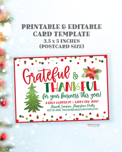 Editable Christmas Small Business Postcard Template, Holiday Mailer, Client Appreciation, Customer, Thank you for your business card