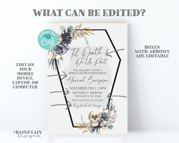 Halloween Bridal Shower Invitation, Printable Til Death Do Us Part Invite Template, October, Instant Download, Digital, Goth, Black Floral