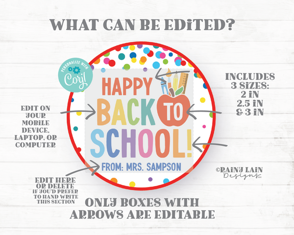 Happy Back to School Tag, Editable First Day of School Gift, 1st, Welcome Back, Student, Classroom, Classmate, Teacher, PTO PTA Printable