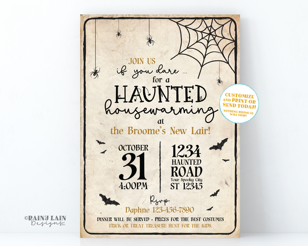 Halloween Housewarming Invitation, Haunted Housewarming Invitation, Halloween party invitation, Haunted house invitation, spiders, bats
