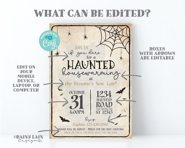 Halloween Housewarming Invitation, Haunted Housewarming Invitation, Halloween party invitation, Haunted house invitation, spiders, bats