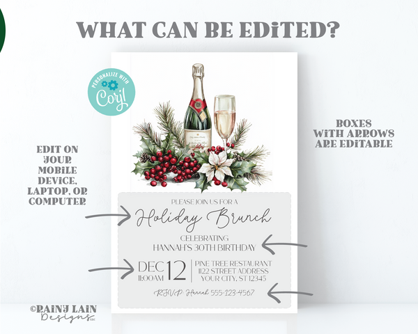 Holiday Brunch Invitation Template Christmas Brunch, Birthday Bridal Shower Engagement Morning After, Wedding Rehearsal Poinsettia Champagne