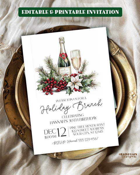 Holiday Brunch Invitation Template Christmas Brunch, Birthday Bridal Shower Engagement Morning After, Wedding Rehearsal Poinsettia Champagne