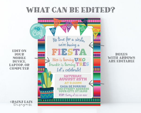 Sibling Fiesta Invitation, Joint Fiesta Invite, Joint Birthday Party Invite, Sibling Birthday Invite, Mexican Fiesta, Cactus, Papel Picado