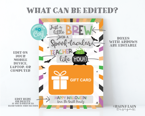 Editable Halloween Gift Card Holder Printable Teacher Coffee, Fall Harvest GiftCard Holder, Party Favor Treat, PTO PTA, Instant Download