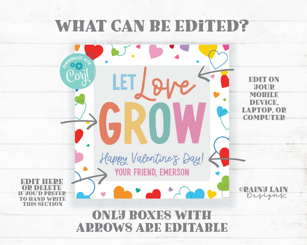 Let Love Grow Valentine, Grow In Water Gift Tag, Plant, Hatching Egg, Non-Candy, Editable, Teacher, Preschool, Classroom Printable Digital