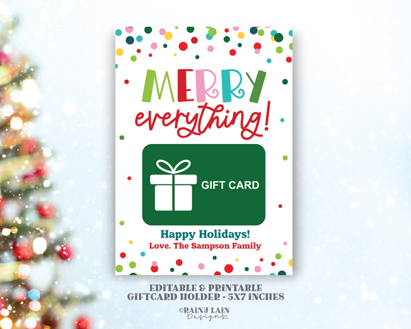 Merry Everything Giftcard Holder, Editable Christmas Gift Card Holder Printable, Confetti, Teacher, Staff, Stocking Stuffer, Secret Santa