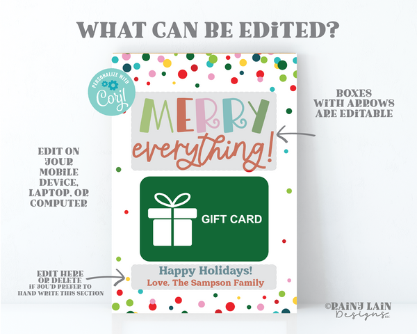 Merry Everything Giftcard Holder, Editable Christmas Gift Card Holder Printable, Confetti, Teacher, Staff, Stocking Stuffer, Secret Santa