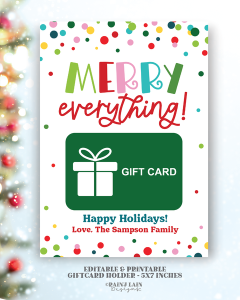 Merry Everything Giftcard Holder, Editable Christmas Gift Card Holder Printable, Confetti, Teacher, Staff, Stocking Stuffer, Secret Santa