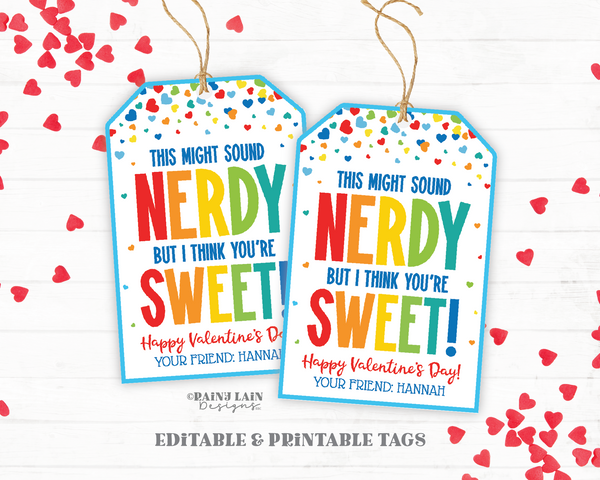 Nerd Valentines Day Gift Tag, Cute Nerdy Valentine, Candy Valentine Tag Downloadable, Editable Valentine, Non-Candy, Preschool, Easy Class